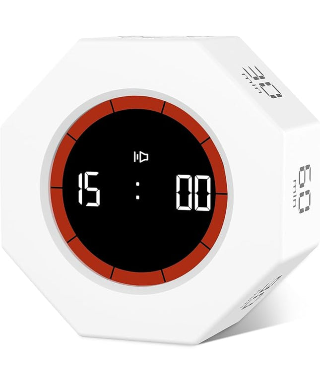 GuDoQi Digital Productivity Timer, Octagon Rotating Pomodoro Timers with Gravity-sensor, 1-3-5-15-30-60-90 Min Countdown, Portable Adjustable Sound Alert Multi Desk Timer or Study Task, Kitchen, White