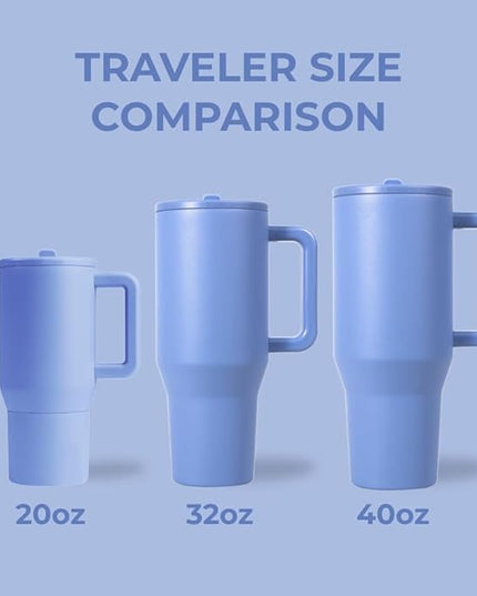 HydroJug Traveler - 40 oz Water Bottle with Handle & Flip Straw - Fits in Cup Holder, Leak Resistant Tumbler-Reusable Insulated Stainless Steel & Rubber Base - Gifts for Women & Men, Light Blue