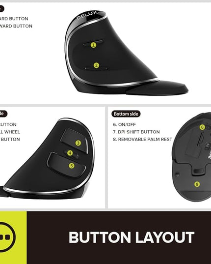 DELUX Ergonomic Vertical Mouse, Wireless Ergo Mouse for Large Hands, 2.4G Connection, Silent Clicks, Up to 1600 DPI,6 Buttons, Removable Wrist Rest, Compatible with Laptop/PC (M618Plus Wireless-Black)