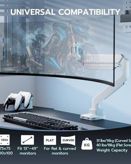 ARES WING Single Monitor Arm, Heavy Duty Adjustable Monitor Arm for 13"-49" Screens with USB, Gas Spring Desk Mount Stand with C Clamp/Grommet Mounting Base up to 40lbs Computer, White