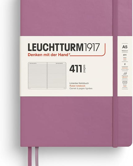 LEUCHTTURM1917 372923 Notebook 411 Medium (A5), Hardcover, 411 Numbered Pages, Dusty Rose, Lined, More Thoughts, More Ideas, More Memories, More Pages