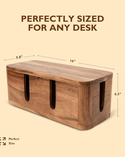 Cable Management Box & Cord Organizer- Cable Organizer for Desk, Home, Office. Hides Wires, Surge Protectors, Power Strips. Eco Friendly Mango Wood Cord Management Solution (Natural Acacia)