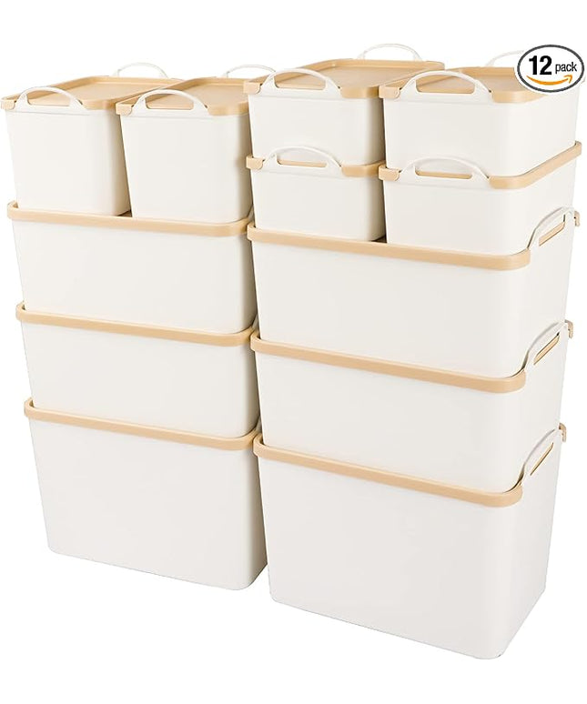 ANMINY 12PCS Plastic Storage Bins Containers with Lids, Large White Storage Organization Bins Boxes, Lidded Plastic Storage Baskets for Closet Shelves Drawers Desktop Home Office