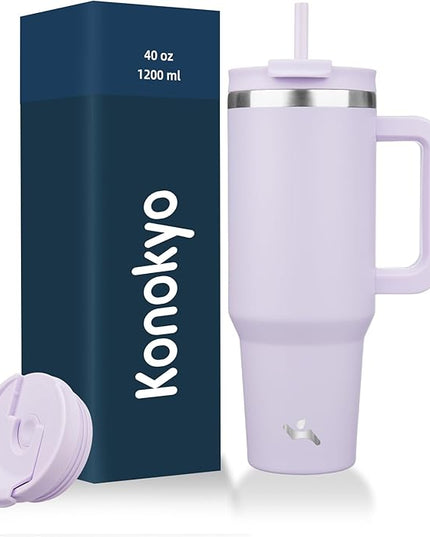40 oz Tumbler with Handle and 2 Straws,2 in 1 Lid Insulated Water Bottle Stainless Steel Travel Coffee Mug,Wisteria