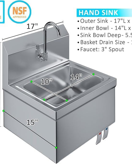 Stainless Steel Wall Mount Hand Sink with Gooseneck Faucet, Knee Pedals & Side Splash | 17" x 15" Commercial Basin for Kitchen or Janitorial Use, NSF (17" x 15" with Knee Pedals)