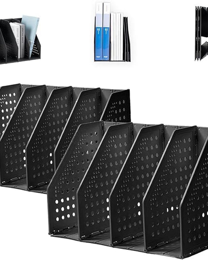 deli 2 Pack 4 Vertical Compartment Binder Holder for Desk Organizer Collapsible Magazine File Holder Adjustable Sturdy Binder Storage Organizer for Office School Home-Black