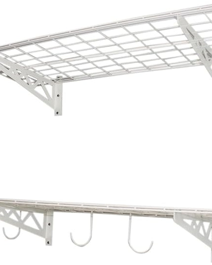 SafeRacks Wall Shelves - 2 Pk 18"x36" Wall Mountable Shelving Unit for Storage Rack, Pantry Shelves, Utility Shelving, Heavy Duty Shelves w/ 4 Versatile Accessory Hooks, 500lbs Capacity, White