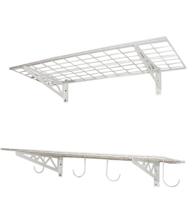 SafeRacks Wall Shelves - 2 Pk 18"x36" Wall Mountable Shelving Unit for Storage Rack, Pantry Shelves, Utility Shelving, Heavy Duty Shelves w/ 4 Versatile Accessory Hooks, 500lbs Capacity, White