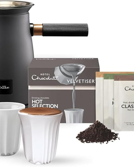 Hotel Chocolat Velvetiser - In-Home Hot Chocolate Machine - Barista-Grade Hot Chocolate Maker - Charcoal Edition - 2 Ceramic Podcups & 10 Single-Serve Sachets