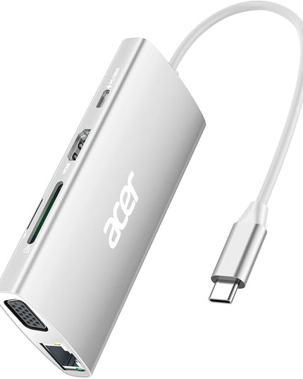 Acer USB C Hub with 4K HDMI, 9-in-1 USB C to Ethernet Adapter, 5Gbps USBA 3.0 Docking Station, VGA Splitter, SD Card Reader, PD 100W Charging for MacBook, Acer, Laptops, Surface and More (Silver)