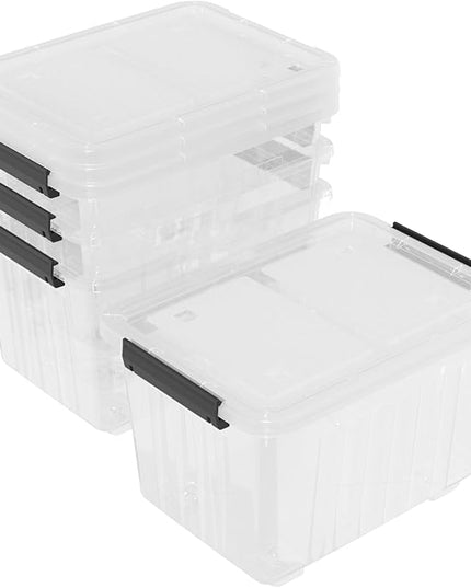 30 Quart Clear Storage Latch Bins, Large Plastic Storage Box with Wheels, 4 Packs