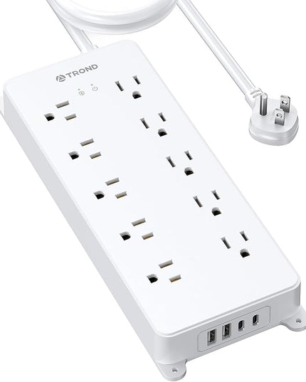 TROND Power Strip Surge Protector, 4000J, ETL Listed, 10 Widely Spaced Outlets, 2 USB A & 2 USB C Ports, Flat Plug Power Strip, 10ft Long Extension Cord, Wall Mountable, for Home Office Garage, White