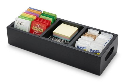 Moldie Multi-Purpose Matte Black Wood Organizer - 3 Compartment Solid Pine Tray for Office Desk Small Supplies, Luxury Tea Bag and Sugar Packet Caddy for Kitchen Countertop & Coffee Station