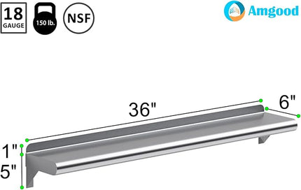 AmGood 36" Long X 6" Deep Stainless Steel Wall Shelf | NSF Certified | Appliance & Equipment Metal Shelving | Kitchen, Restaurant, Garage, Laundry, Utility Room