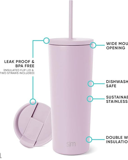 Simple Modern Insulated Tumbler with Lid and Straw | Iced Coffee Cup Reusable Stainless Steel Water Bottle Travel Mug | Gifts for Women Men Her Him | Classic Collection | 24oz | Lavender Mist