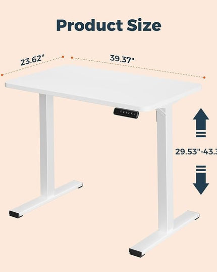 One-Piece Standing Desk 40 x 24 Inches, Small Adjustable Height Desk for Small Space Electric Sit Stand Desks Home Office Computer Workstation, White