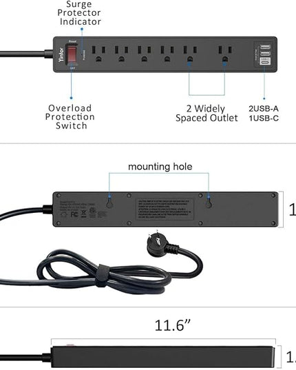 6Ft Power Strip Surge Protector - Yintar Extension Cord with 6 AC Outlets and 3 USB Ports for for Home, Office, Dorm Essentials, 1680 Joules, ETL Listed, (Black)