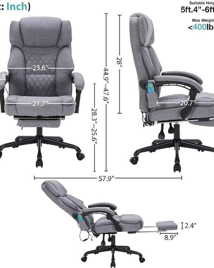Massage Office Chair with Heat,Reclining Office Chair with Foot Rest,6 Points Vibration Home Desk Chairs for Heavy People 400lbs,Ergonomic Managerial Executive Chair (Grey)