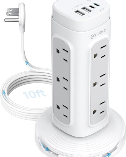 TROND Semi-Retractable Power Strip Tower - Flat Plug Surge Protector Power Strip with USB C PD 20W, 10ft Extension Cord with Multiple Outlets, 1700 Joules, Home Office Dorm Room Essentials, White