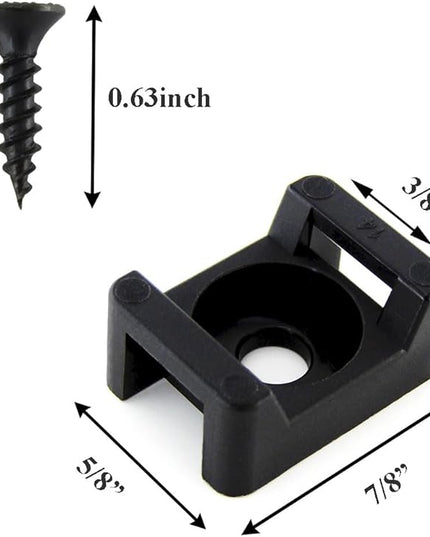 HS Saddle Type Cable Zip Tie Mounts Base Kit with Screw Hole,Set Strong 6 Inch Nylon Cable Ties and Screws Each 100 PCS,Wire Clips Anchor Management Fastener for Baseborad,Wall or Desk,Black