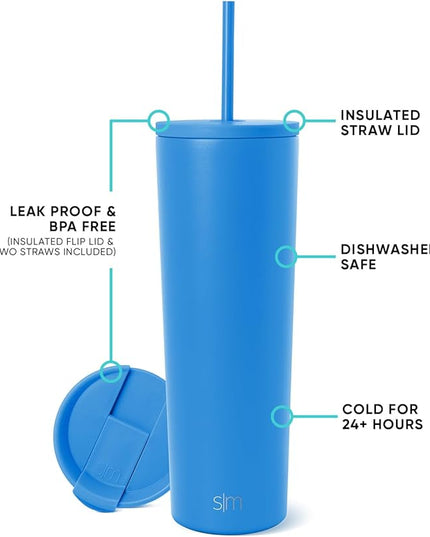 Simple Modern Insulated Tumbler with Lid and Straw | Iced Coffee Cup Reusable Stainless Steel Water Bottle Travel Mug | Gifts for Women Men Her Him | Classic Collection | 28oz | Supersonic Blue