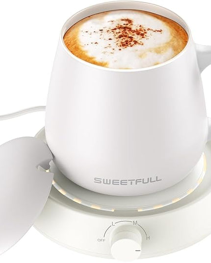 SWEETFULL Mug Warmer for Coffee and Tea Coffee Mug Warmer Set W/Mug and Lid Coffee Warmer As Coffee Gifts for Desk Office Coffee Lovers. （20W Cup Warmer Candle Warmer Auto Shut Off）