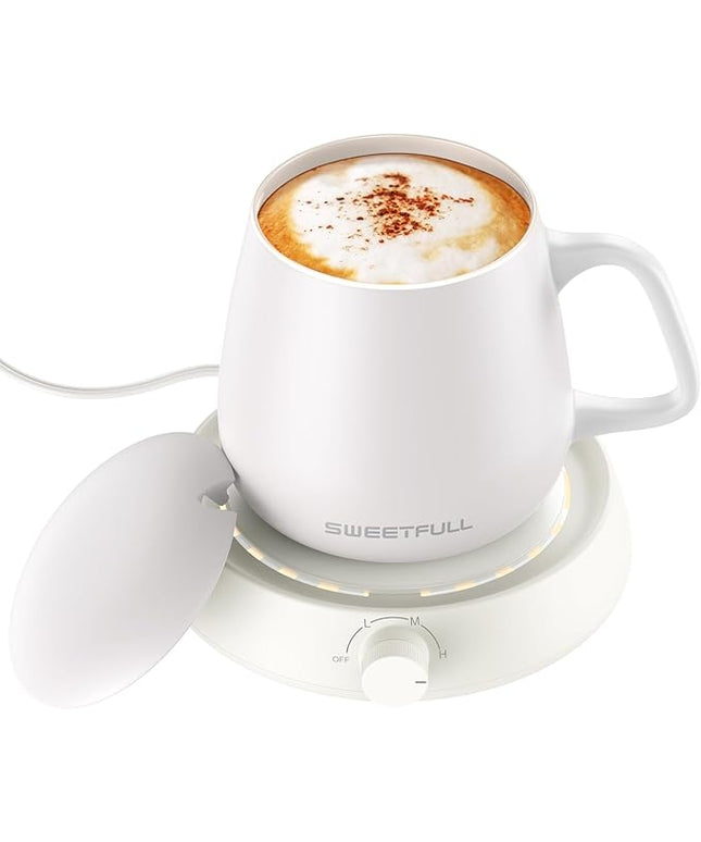 SWEETFULL Mug Warmer for Coffee and Tea Coffee Mug Warmer Set W/Mug and Lid Coffee Warmer As Coffee Gifts for Desk Office Coffee Lovers. （20W Cup Warmer Candle Warmer Auto Shut Off）