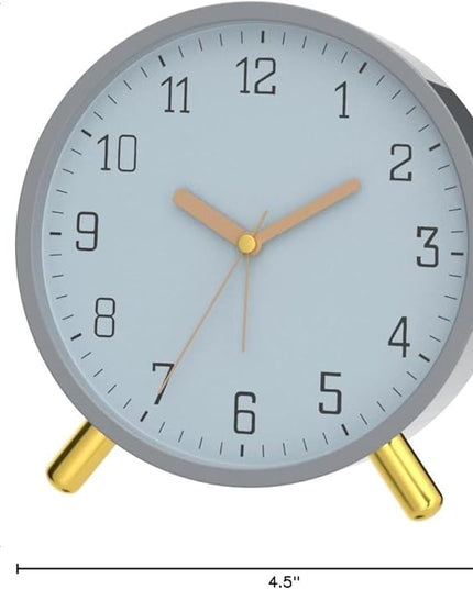 SHISEDECO Alarm Clock with Backlight, 4.5 inches Bedside Analog Non-Ticking Silent Small Deskclock with Arabic Numerals, Battery Operated Round Tableclock for Living Room, Bedroom (Grey Clock)