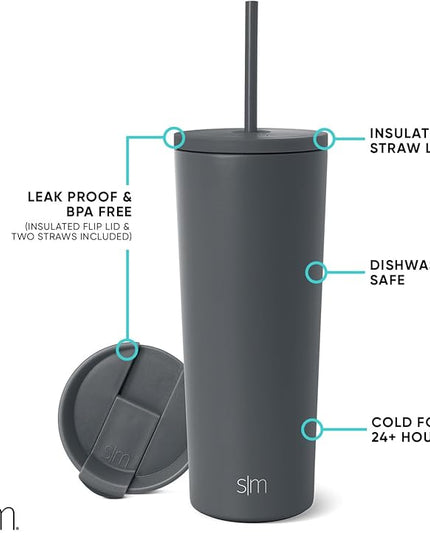 Simple Modern Insulated Tumbler with Lid and Straw | Iced Coffee Cup Reusable Stainless Steel Water Bottle Travel Mug | Gifts for Women Men Her Him | Classic Collection | 24oz | Graphite