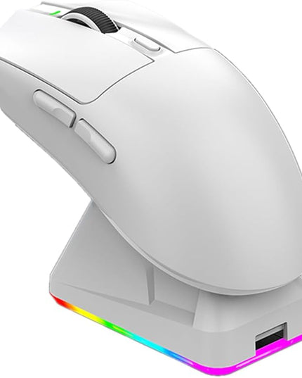 Lightweight Gaming Mouse, RGB Light 3 Mode Connection with 6 Adjustable DPI 800 12000, 7 Customizable Buttons, with Magnetic Charging Base (White)