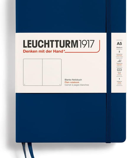 LEUCHTTURM1917 - Notebook Hardcover Medium A5-251 Numbered Pages for Writing and Journaling (Navy, Plain)