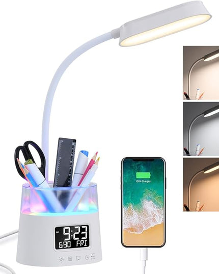 WILIT LED Desk Lamps for Home Office with Pen Holder, Table Lamp for Bedroom with USB Charging Port & Clock, RGB Night Light, Study Lamp for Kids Student, Desk Lamp for College Dorm Room Essentials