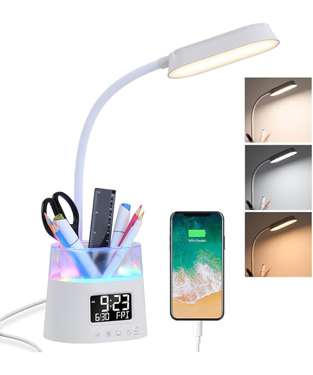 WILIT LED Desk Lamps for Home Office with Pen Holder, Table Lamp for Bedroom with USB Charging Port & Clock, RGB Night Light, Study Lamp for Kids Student, Desk Lamp for College Dorm Room Essentials