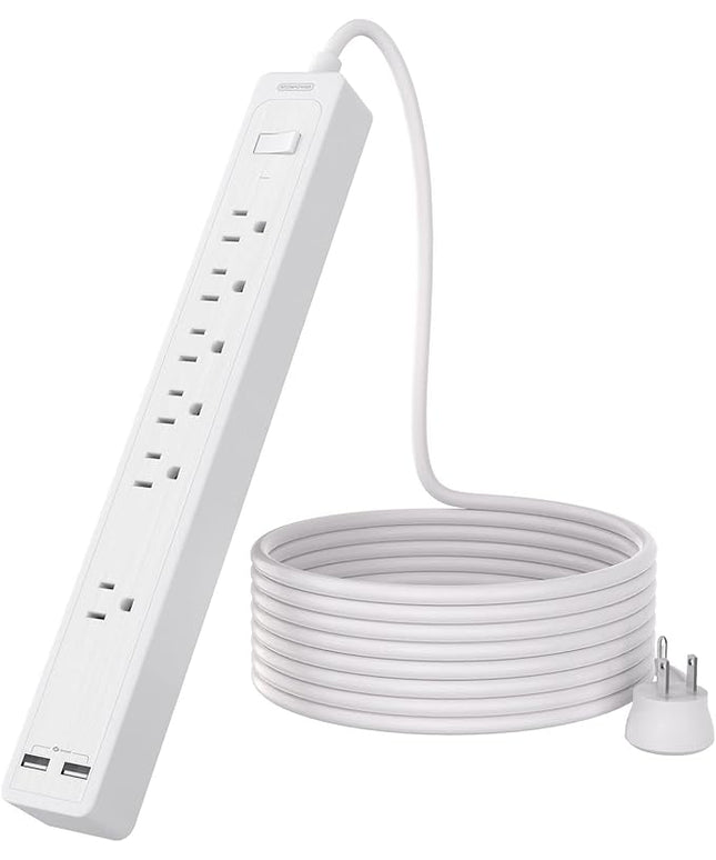 Extension Cord 15 ft, 6 Outlets Surge Protector Outlet, Heavy Duty Long Power Strip Flat Plug, 1875W Flat Plug, Widely Spaced Outlet, Wall Mount for TV Dorm Office Home Theater, White