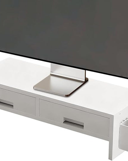 Desk Monitor Stand Riser - Double Drawer Organizer, Ergonomic Adjustable Shelf, Durable Wooden Desktop | Space-Saving Computer Accessory for Home Office Study and Bedroom Setup