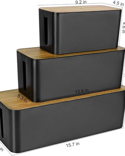 3 Pack Cable Management Box with 18 PCS Cable Management Set - Large & Medium & Small Wooden Grain Cable Organizer Box to Hide Wires & Power Strips | TV Cord Organizer Box | for Home & Office(Black)