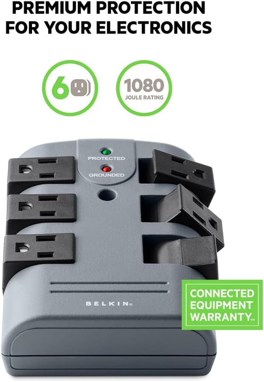 Belkin Power Strip Surge Protector - 6 Rotating AC Multiple Outlets, Flat Pivot Plug - Heavy Duty Wall Outlet Extender for Home, Office, Travel, Computer Desktop & Phone Charging Brick (1,080 Joules)