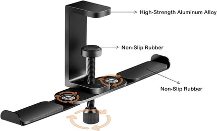 blingwider 2 Hooks Aluminum Foldable Headphone Holder for Desk, Headset Stand for Desk,Backpack Holder Hook for Desk,Table Bag Hook,Under Desk Clamp Hook for Gaming PC Accessories,Black