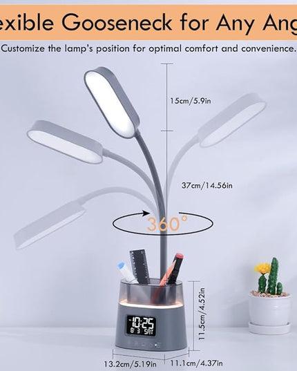 WILIT LED Desk Lamp for College Dorm Room Essentials, Students Study Lamp with Charging Station, Pen Holder, Clock & RGB Night Light, Office Desk Accessories, Table Lamp for Bedroom - Gray