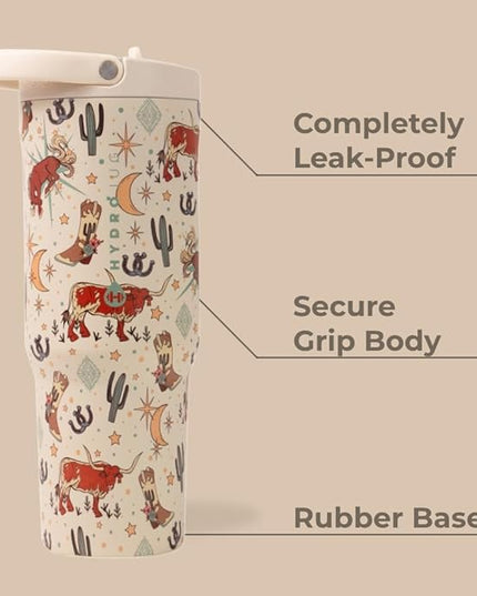 HydroJug Sport - Stainless Steel Tumbler with Straw, Vacuum Insulated, 40oz Leakproof Water Bottle, Ergonomic Design, Reusable, Dishwasher Safe, Rubber Base, Durable for Gym or Outdoors, Rodeo