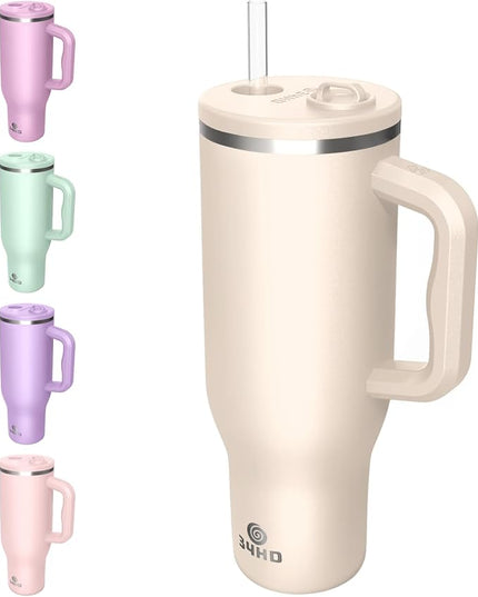 34HD 40 oz Stainless Steel Tumbler - Leakproof Insulated Water Bottle with Handle, Magnetic Lid and Flexible Straw - Iced for 48 Hours – Perfect for Men, Women, Birthday Gift, White - Vanilla Cloud