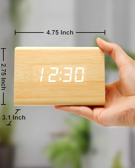 OCT17 Wooden Wood Clock, New Version LED Alarm Digital Desk Clock Adjustable Brightness, Alarm Time, Displays Time Date Temperature - Bamboo