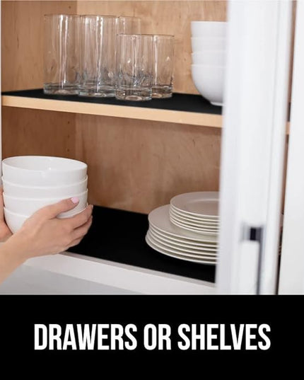 GORILLA GRIP Slip Resistant Drawer and Shelf Liner 2 Pack, Non Adhesive Water Resistant, Easy Clean and Trim, Smooth Surface Liners for Kitchen Cabinet, Shelves, Drawers, Pantry, 12 in x 10 FT, Black