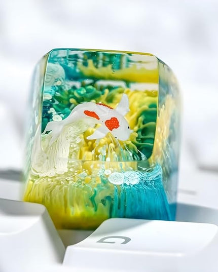 Kohaku Koi Artisan Keycap Yellow and Blue Ocean R1 SA Profile Custom Keycaps 1U ESC Handmade Gaming Resin Key Cap Cherry MX Switch Compatible Mechanical Keyboard Koi Lover Gift