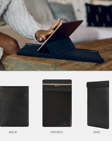SLNT Faraday Bag Leather Tablet Sleeve with Silent Pocket - Signal Blocking Device Shielding for iPad, Samsung Galaxy Tab, Most Tablets, Travel, Privacy (Black Leather, X-Large)