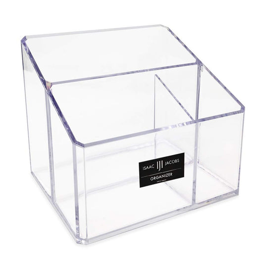Isaac Jacobs Clear Acrylic 3-Compartment Organizer, Remote Holder & Multi-Functional Makeup, Brush, Pen & Pencil Storage Solution, for The Home, Bathroom, Office, Child’s Desk (3-Section, Clear)