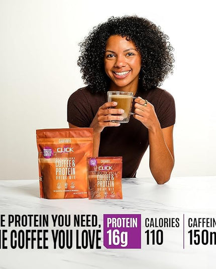 Click Coffee Protein Powder | Double Shot Espresso | 16g Protein | 23 Essential Vitamins | Low Calorie Meal Replacement | 150mg Caffeine | Gluten Free | No Artificial Flavors or Colors | Caramel