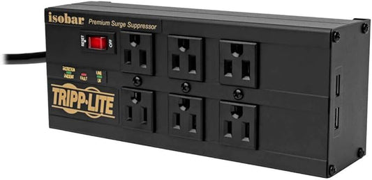 Tripp Lite Isobar 6 Outlet Surge Protector Power Strip with 2 USB Charging Ports,10ft Long Cord, Right-Angle Plug, Metal, 3840 Joules,Lifetime Limited Warranty & $50K Insurance (IBAR6ULTRAUSBB)Black