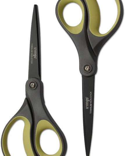 LIVINGO 2 Pack 8" Titanium Non-Stick Scissors, Professional Stainless Steel Comfort Grip, All-Purpose, Straight Office Craft Scissors for Tape, Paper, Cardboard(Green/Yellow)