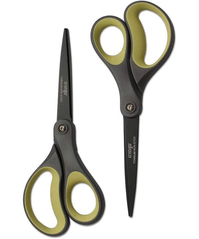 LIVINGO 2 Pack 8" Titanium Non-Stick Scissors, Professional Stainless Steel Comfort Grip, All-Purpose, Straight Office Craft Scissors for Tape, Paper, Cardboard(Green/Yellow)